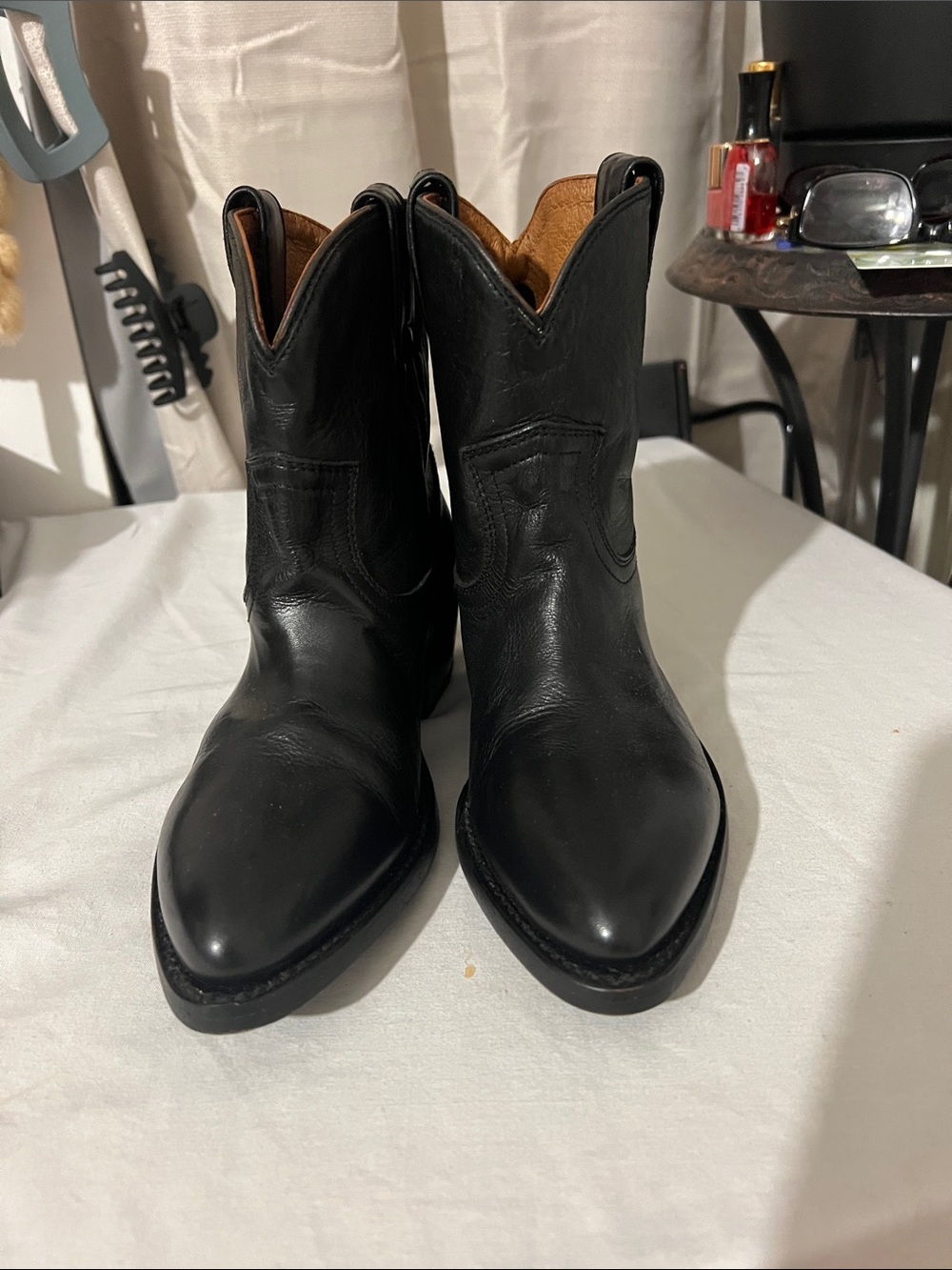 Frye Black Leather Western Ankle Boots